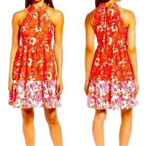 NWT Eliza J Fit & Flare Halter Tiered Ruffle Dress.  Coral.